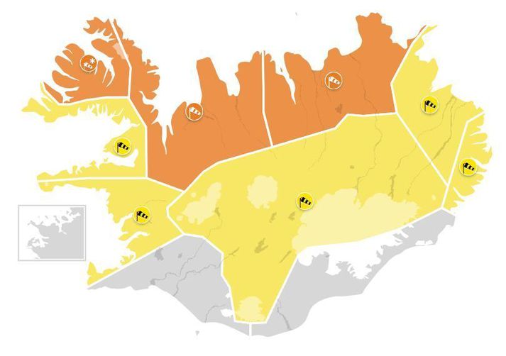 Gular veðurviðvaranir eru í gildi um mest allt land, sem breytast í appelsínugult fyrir norðan uppúr hádegi.