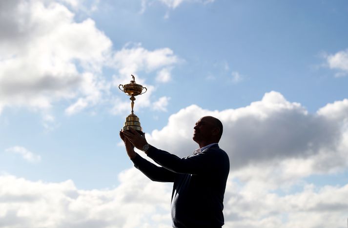 42nd Ryder Cup - Thomas Bjorn Press Conference - Le Golf National European Ryder Cup captain Thomas Bjorn with the Ryder Cup Trophy during photo-call at Le Golf National, Saint-Quentin-en-Yvelines, Paris. (Photo by David Davies/PA Images via Getty Images)