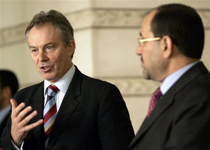 Tony Blair, forsætisráðherra Bretlands, og Nuri al-Maliki, forsætisráðherra Íraks, á blaðamannafundi í Bagdad í dag.