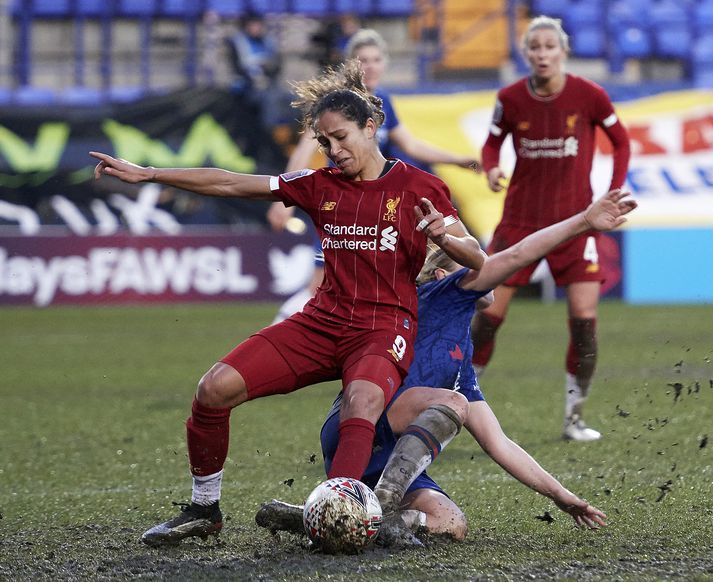 Grasið á Prenton Park var ekki í góðu ásigkomulagi í gær.