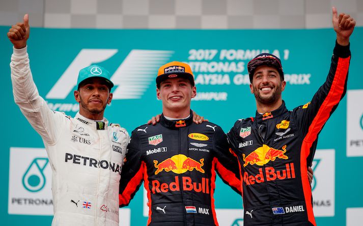 Lewis Hamilton, Max Verstappen og Daniel Ricciardo voru á verðlaunapalli í dag.
