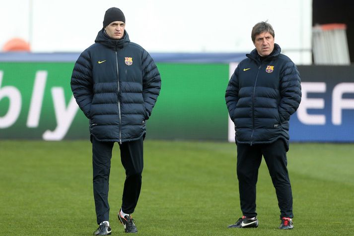 Tito Vilanova og Jordi Roura á æfingu í París.