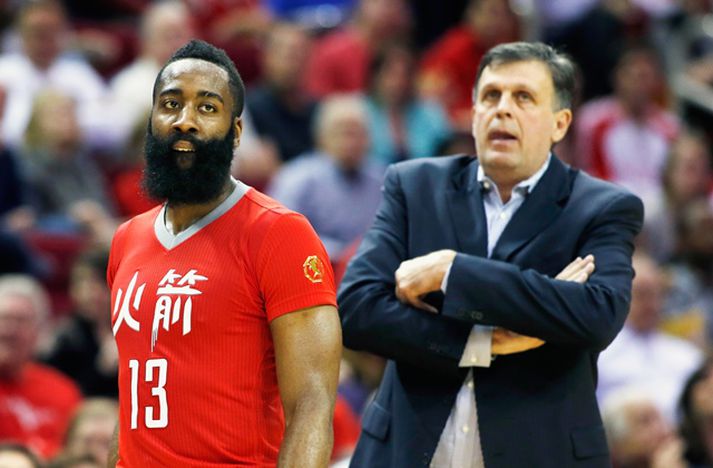 James Harden, leikmaður Houston, ásamt þjálfaranum, Kevin McHale.