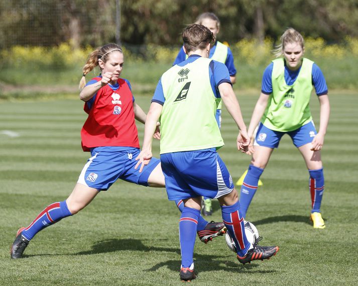 Harpa Þorsteinsdóttir reynir að ná boltanum af Katrínu Ómarsdóttur.