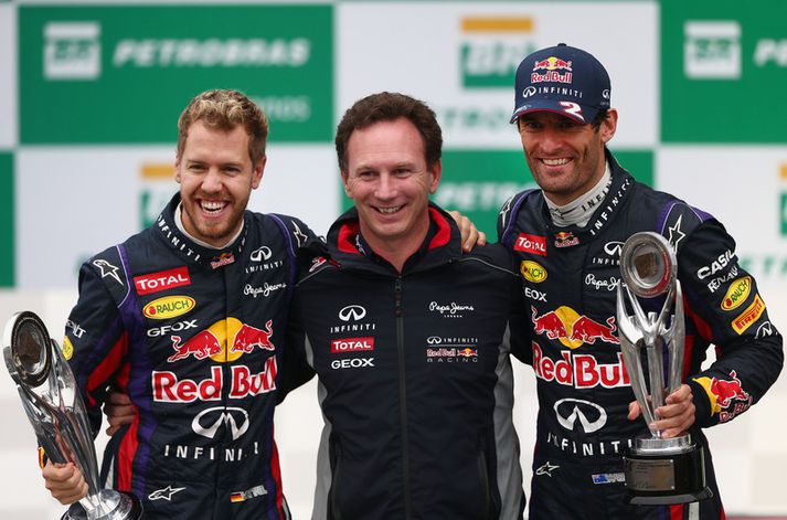Horner með þeim Sebastian Vettel og Mark Webber, ökuþórum Red Bull í fyrra.