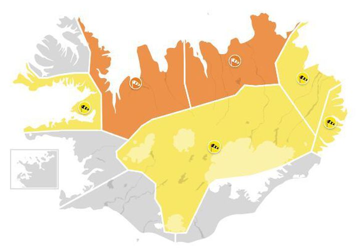 Appelsínugular veðurviðvaranir eru í kortunum á Norðurlandi.