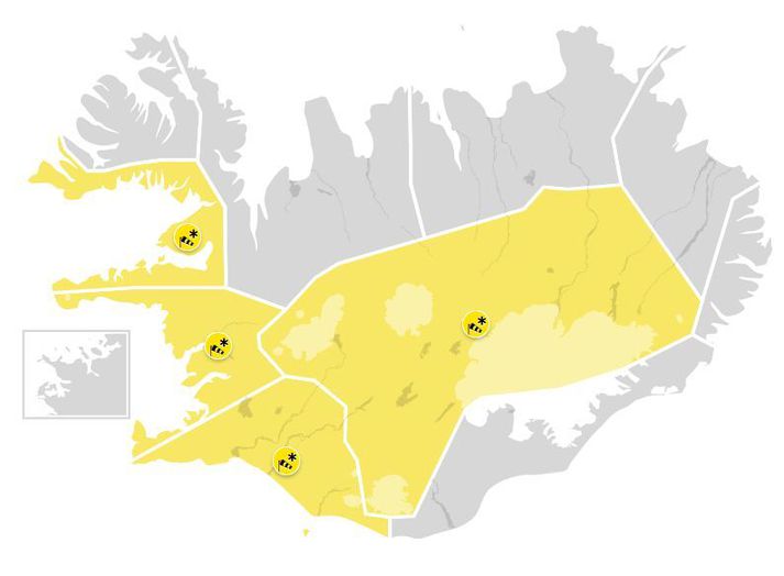 Svona eru gulu viðvaranirnar