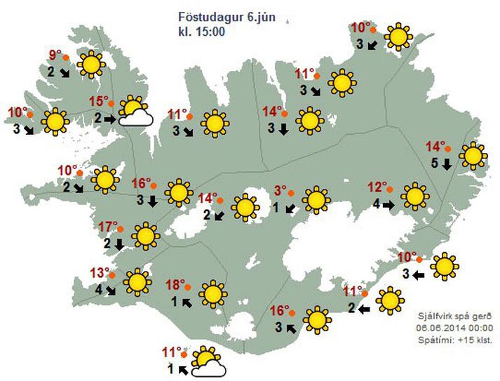 Spákort Veðurstofunnar kl. 15 í dag.