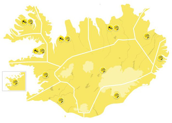 Kort Veðurstofunnar vegna gulra viðvarana um landið.