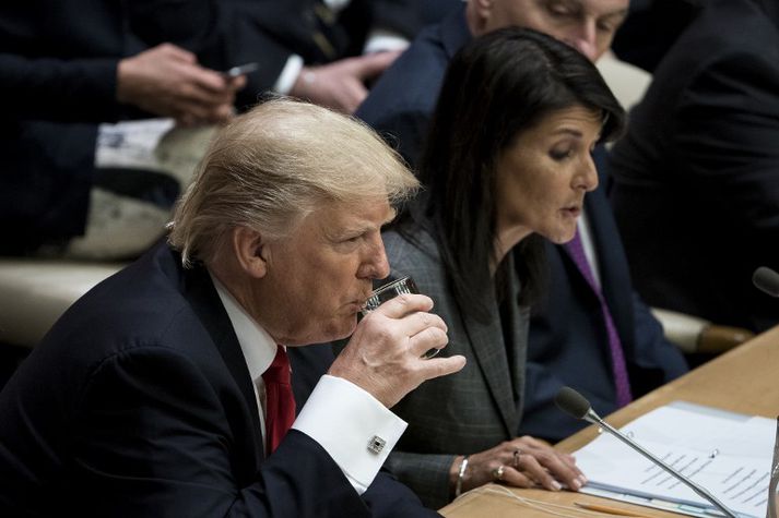 Donald Trump Bandaríkjaforseti og Nikki Haley, sendiherra Bandaríkjanna gagnvart Sameinuðu þjóðunum.