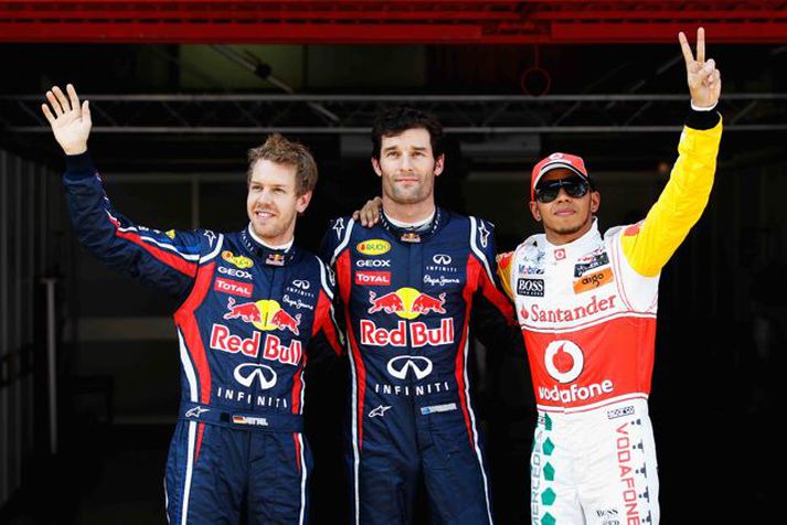 Fremstu menn á morgun, Sebastian Vettel, Mark Webber og Lewis Hamilton. Webber náði besta tíma í dag í tímatökum.