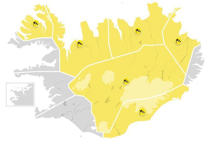 Gular viðvaranir verða í gildi í flestum landshlutum.