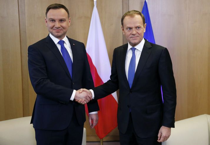 Andrzej Duda og Donald Tusk fyrir fundinn í morgun.