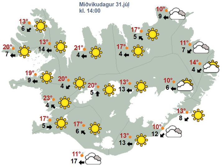 Spákort Veðurstofu Íslands fyrir klukkan tvö í dag.