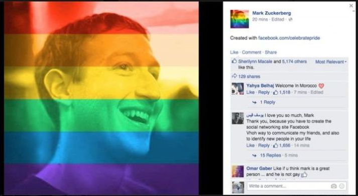 Mark Zuckerberg, stofnandi Facebook, setti regnbogalitaða forsíðumynd á Facebook-síðu sína til að sýna stuðning.