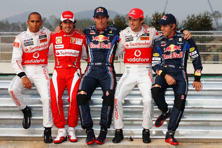 Fimmmenningarnir sem keppa um meistaratitilinn í Formúlu 1. Lewis Hamilton, Fernando Alonso, Mark Webber, Jenson Button og Sebastian Vettel.