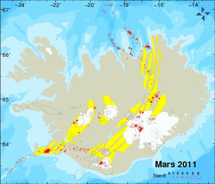 Jarðskjálftar í marsmánuði. Mynd frá Veðurstofu Íslands, vedur.is