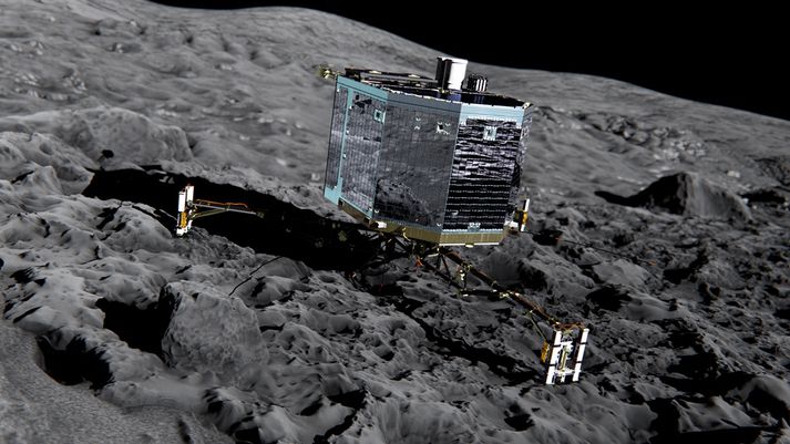 Tölvuteiknuð mynd af Philae á yfirborði 67P halastjörnunnar.