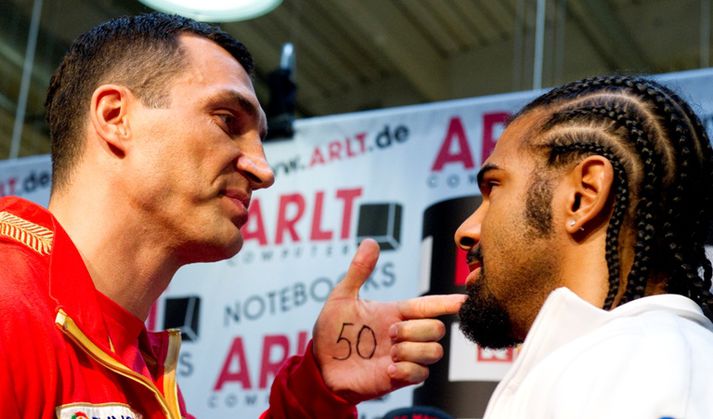 Haye og Klitschko á blaðamannafundi í dag.