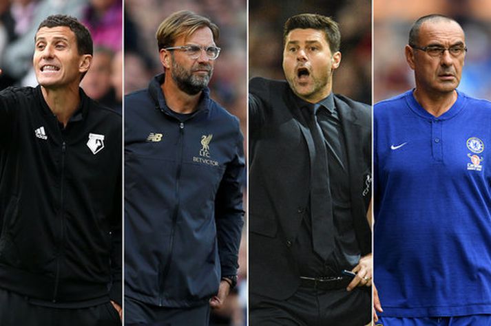 Knattspyrnustjórarnir fjórir sem koma til greina sem besti stjórinn í ágúst; Javi Gracia, Jürgen Klopp, Mauricio Pochettino og Maurizio Sarri.