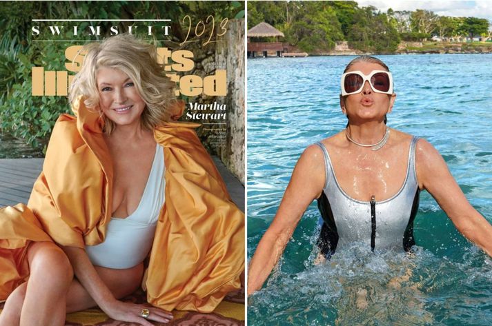 Martha Stewart er ansi glæsileg í baðfataútgáfu Sports Illustrated. Hér má sjá hana sitja fyrir á sjálfri forsíðunni og síðan stinga sér til sunds í silfurlituðum sundbol.