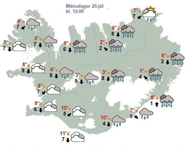 Svona lítur spákort mánudagsins út á vedur.is.