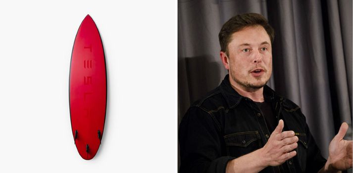 Brimbrettið í rauðum lit og Elon Musk, eigandi Tesla.