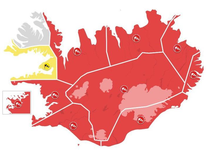 Rauðar viðvaranir verða í gildi á stærstum hluta landsins frá klukkan 10 og til 13.