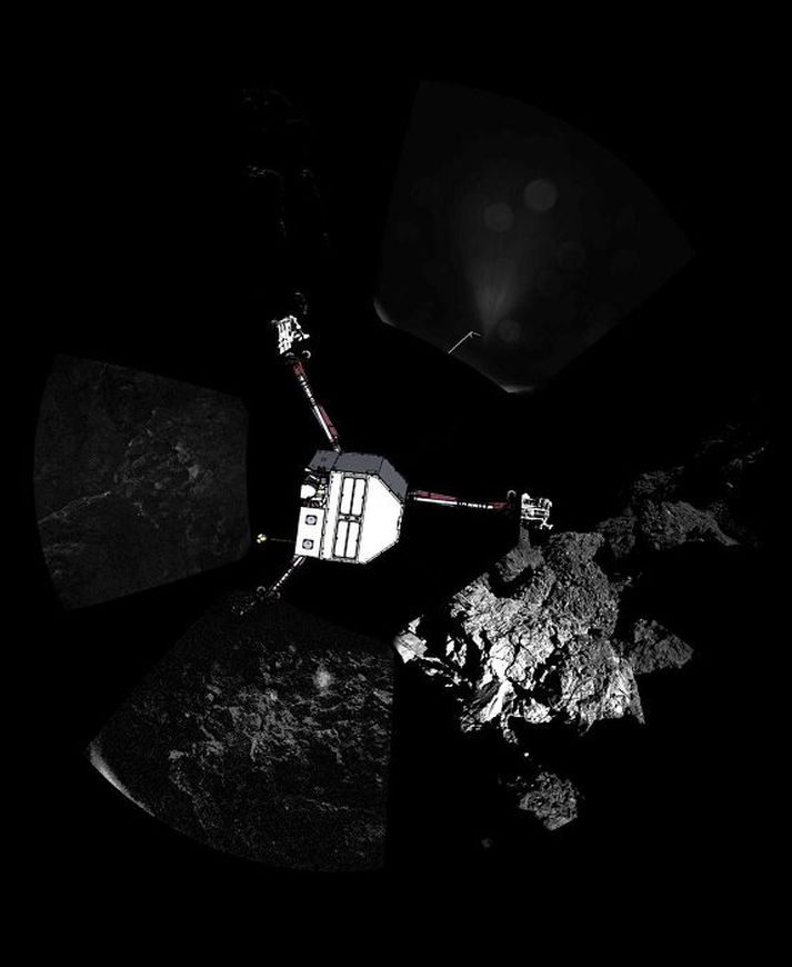 Geimfarið Philae séð frá geimfarinu Rosetta. 