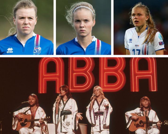 Ungu vítaskytturnar Ingibjörg Sigurðardóttir, Andrea Rán Snæfeld Hauksdóttir og Agla María Albertsdóttir en fyrir neðan þær er hljómsveitin ABBA.