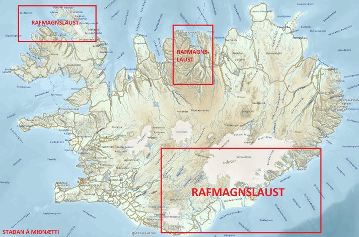 Svæðin eru gróflega dregin samkvæmt upplýsingum frá almannavörnum og Landsneti. Svona var staðan um miðnætti.