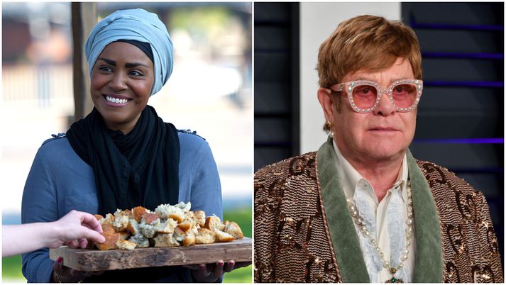 Nadiya Hussain, sjónvarpskokkur, (t.v.) og Elton John, tónlistarmaður (t.h).