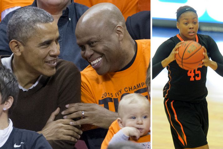 Barack Obama ræðir við mág sinn Craig Robison á leik Leslie síðastliðinn laugardag.