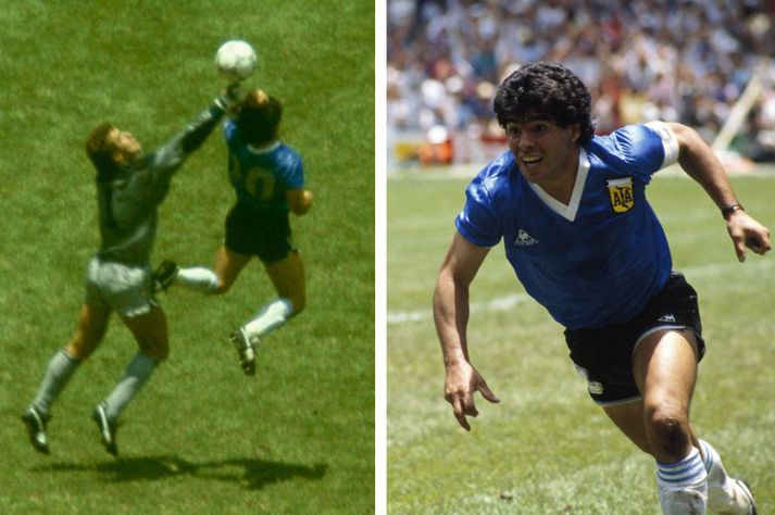 Markið fræga sem Diego Maradona skoraði með hendi guðs á HM í Mexíkó 1986.