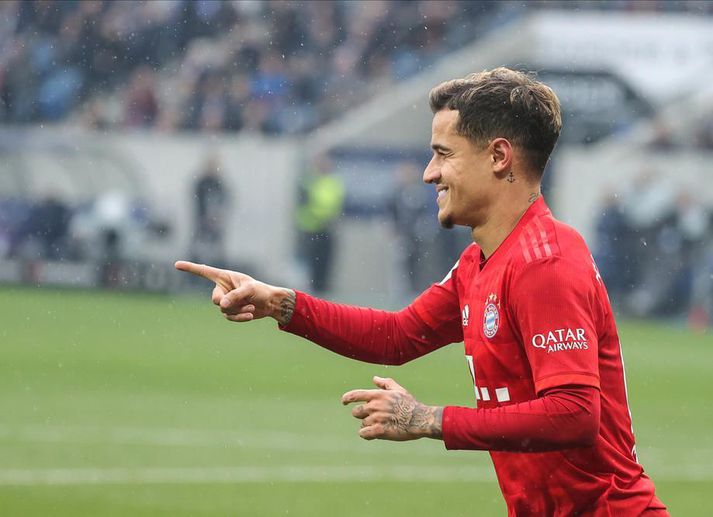 Coutinho hress og kátur og fagnar marki með Bayern.