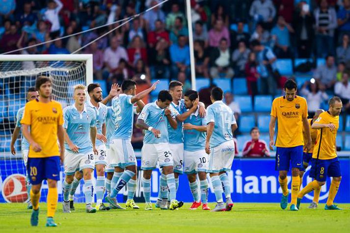 Celta-menn fagna einu fjögurra marka sinna í kvöld.