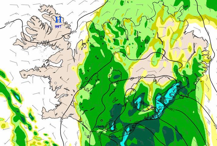 Úrkomuspá Veðurstofu Íslands fyrir klukkan 06 á mánudagsmorgun.