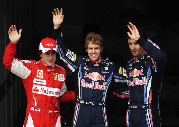 Fernando Alonso, Sebastian Vettel og Mark Webber eftir tímatökuna í dag.