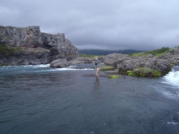 Þröstur Elliðason að þreyta lax í Stapabreiðu í Tinnudalsá