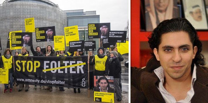 Raif Badawi var á síðasta ári dæmdur í 10 ára fangelsi og til að sæta þúsund svipuhöggum. Auk þess var honum bannað að ferðast í 10 ár eftir að hann er leystur úr haldi, bannað að skoða fréttamiðla og dæmdur til að greiða um 30 milljónir króna í sekt.