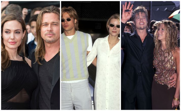 Brad Pitt sést hér ásamt leikkonunum Angelinu Jolie, Gwyneth Paltrow og Jennifer Aniston.