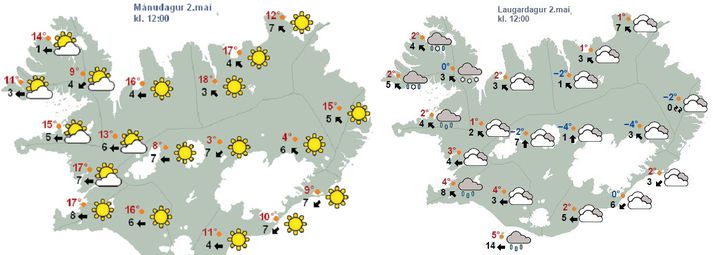 Það verður talsverður munur á veðrinu þann 2. maí árið 2011 og árið 2015 samkvæmt veðurspá.