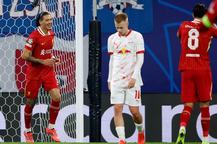 Darwin Nunez fagnar sigurmarki sínu í kvöld fyrir Liverpool á móti RB Leipzig.