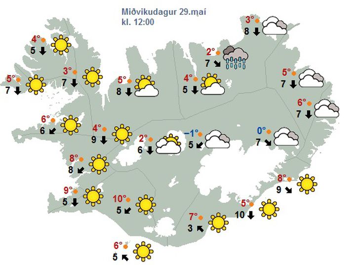 Spákortið á hádegi í dag en búast má við snjókomu á heiðum og fjallvegum norðaustan til.