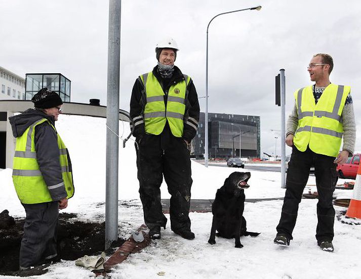 Unnið var við uppsetningu nýrra ljósa skammt frá Hörpu í gær.