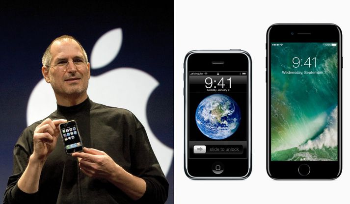 Steve Jobs og hinn upprunalegi iPhone. Til hliðar má sjá samanburð á símanum þá og í dag.