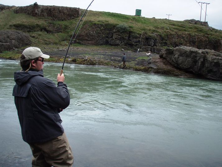 Tveir á í einu í Damminum í fyrrasumar. Þar hefur lax sést og einnig á næsta veiðistað Holunni.