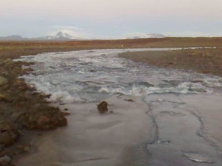 Mynd af flóðinu. Grettir segir að mikill ís hafi verið í því sem hafi borist niður með ánni.