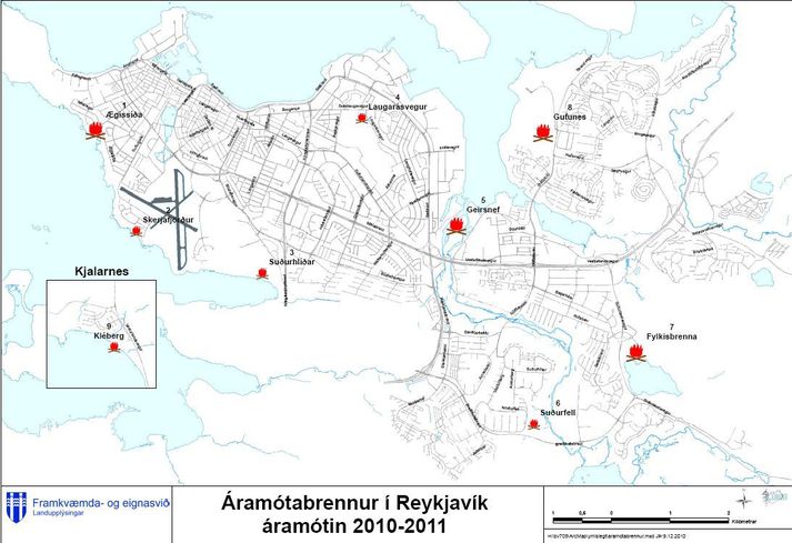 Kortið sýnir þær 9 brennur sem verða í Reykjavík. Flest nágrannasveitarfélögin efna einnig til brenna.