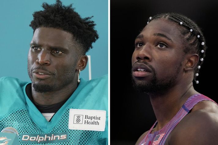 Tyreek Hill er leikmaður Miami Dolphins og Noah Lyles er hraðasti hundrað metra hlaupari heims.